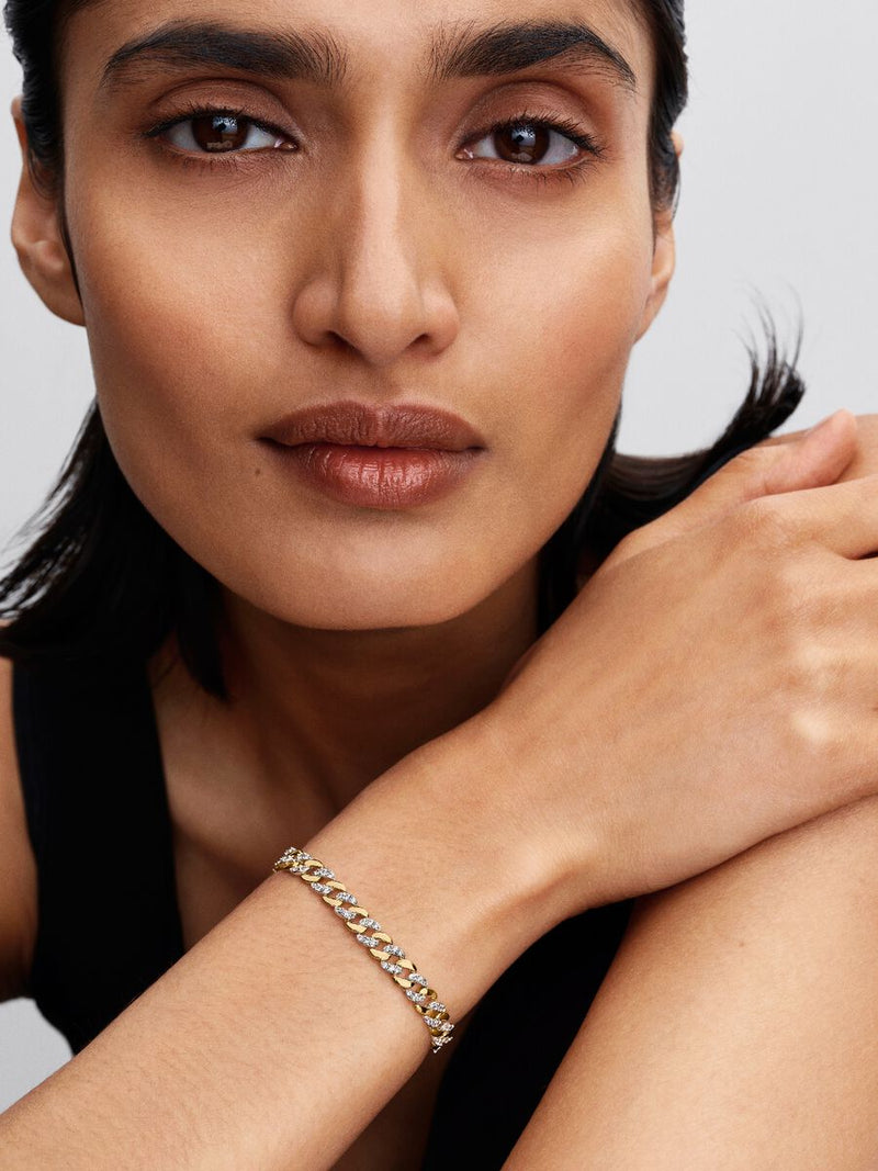 Bracciale Catena Maglia Cubana Bicolore con Pavè Argento Sterling 925, Placcatura in Oro 14k