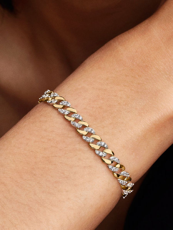 Bracciale Catena Maglia Cubana Bicolore con Pavè Argento Sterling 925, Placcatura in Oro 14k