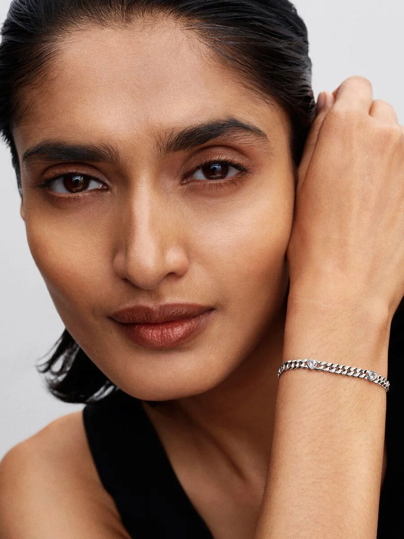 Bracciale Catena Maglia Cubana con Cuori Argento Sterling 925