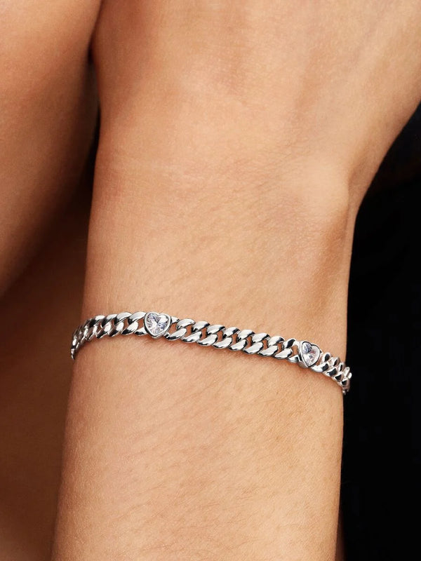Bracciale Catena Maglia Cubana con Cuori Argento Sterling 925