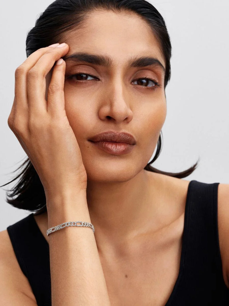 Bracciale Catena Maglia Cubana Pavè con Ovali Argento Sterling 925