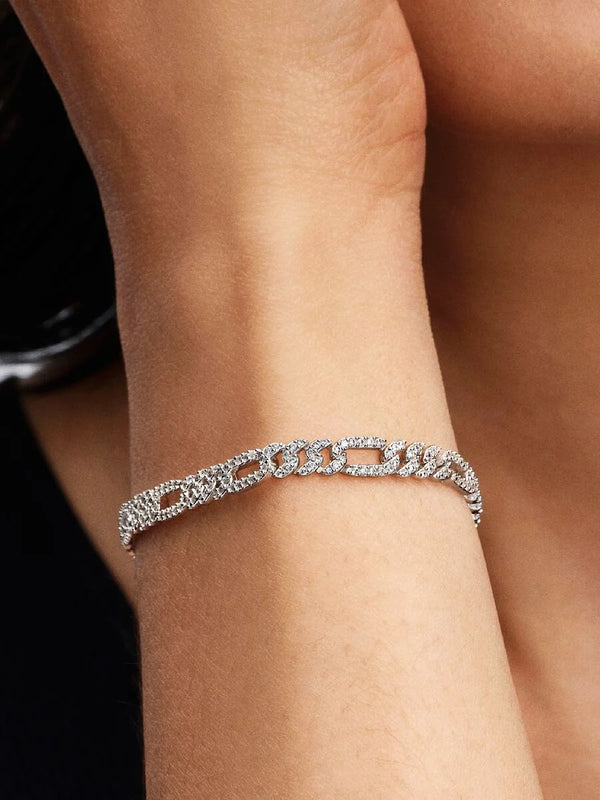 Bracciale Catena Maglia Cubana Pavè con Ovali Argento Sterling 925