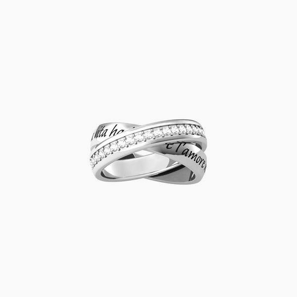 Anello famiglia intrecciato con cristalli e frase "Famiglia" - Gioielleria Fondente