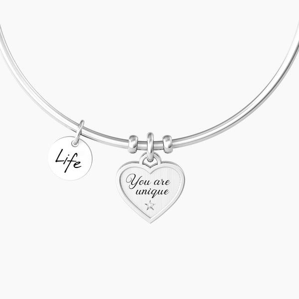 Bracciale rigido con ciondolo cuore e frase CUORE | YOU ARE UNIQUE - Gioielleria Fondente