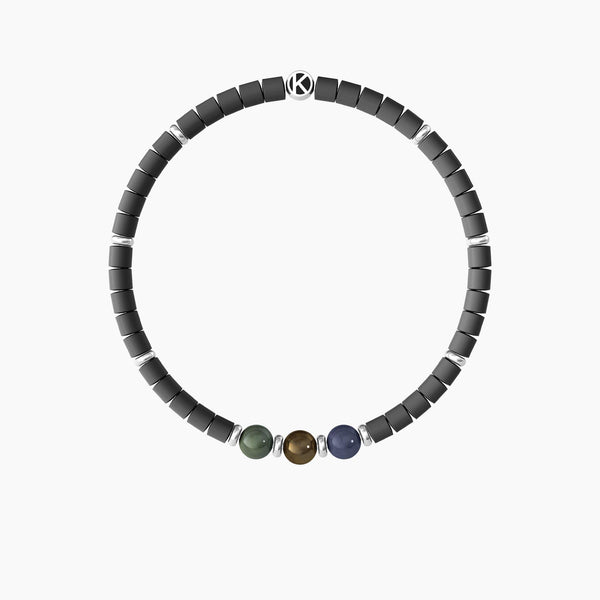 Bracciale elastico uomo con ematite grigia e pietre naturali "Tre Desideri" - Gioielleria Fondente