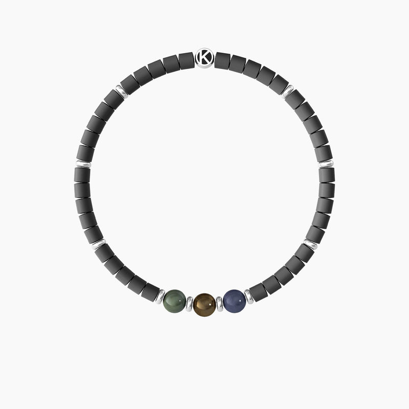 Bracciale elastico uomo con ematite grigia e pietre naturali "Tre Desideri" - Gioielleria Fondente