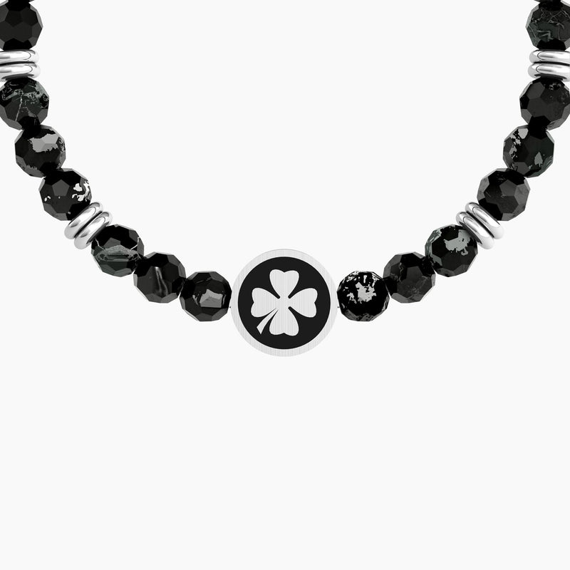 Bracciale elastico uomo con agata nera e quadrifoglio "Quadrifoglio | good luck" - Gioielleria Fondente