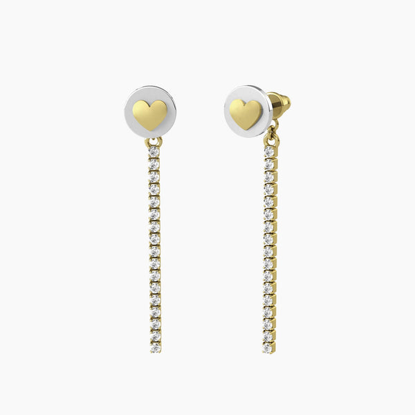 Orecchini dorati a lobo tondi con cuori e tennis pendenti di cristalli  "Cuori e stelle" - Gioielleria Fondente