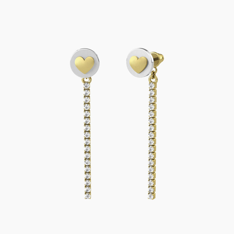 Orecchini dorati a lobo tondi con cuori e tennis pendenti di cristalli  "Cuori e stelle" - Gioielleria Fondente