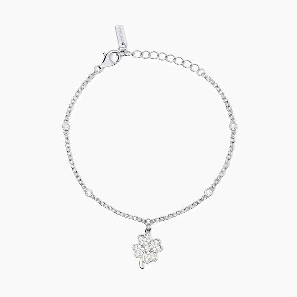 Bracciale in argento con catena e quadrifoglio BUONA FORTUNA