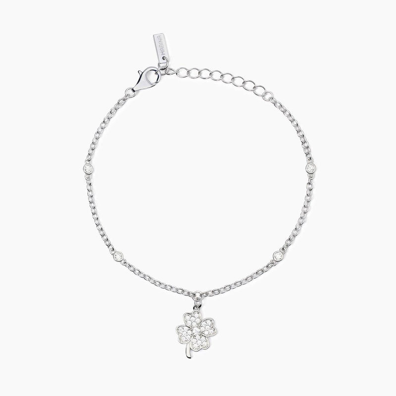 Bracciale in argento con catena e quadrifoglio BUONA FORTUNA