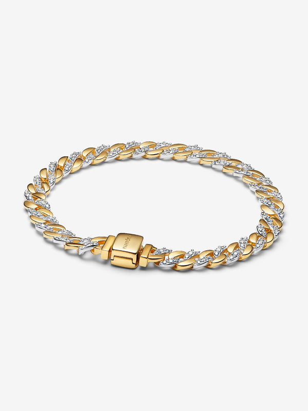 Bracciale Catena Maglia Cubana Bicolore con Pavè Argento Sterling 925, Placcatura in Oro 14k
