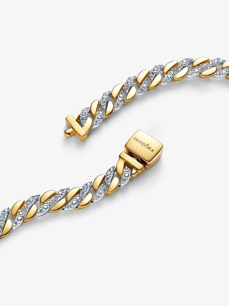 Bracciale Catena Maglia Cubana Bicolore con Pavè Argento Sterling 925, Placcatura in Oro 14k