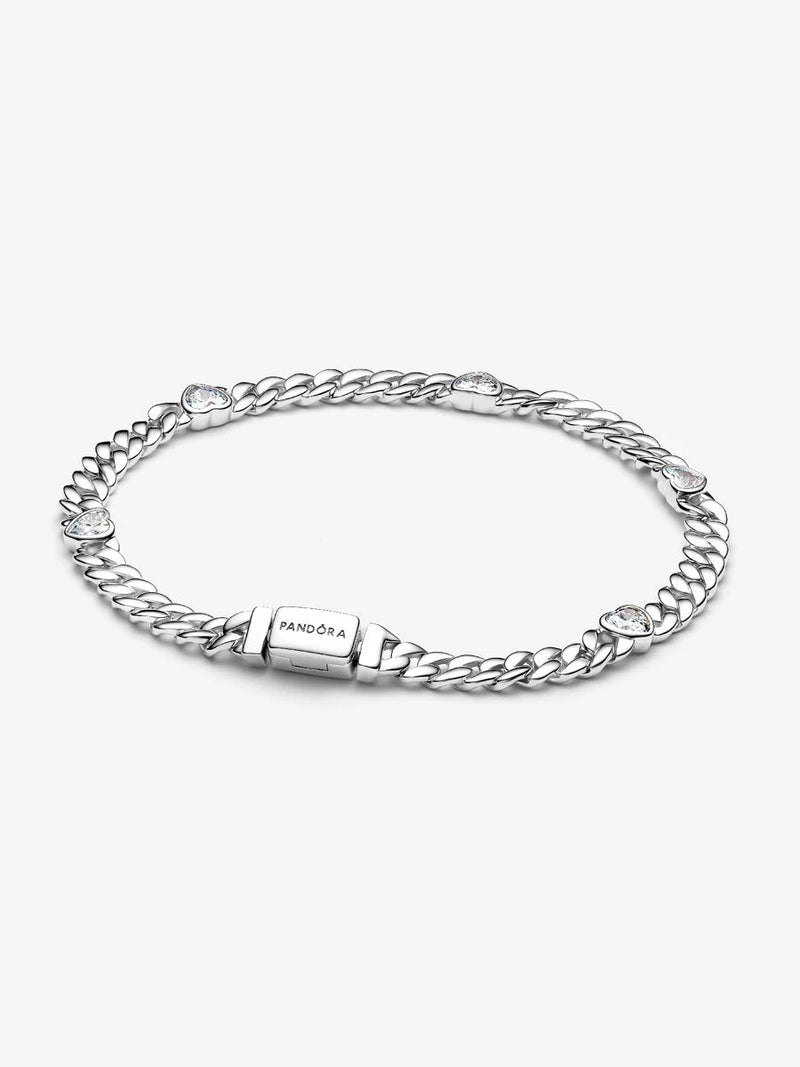 Bracciale Catena Maglia Cubana con Cuori Argento Sterling 925