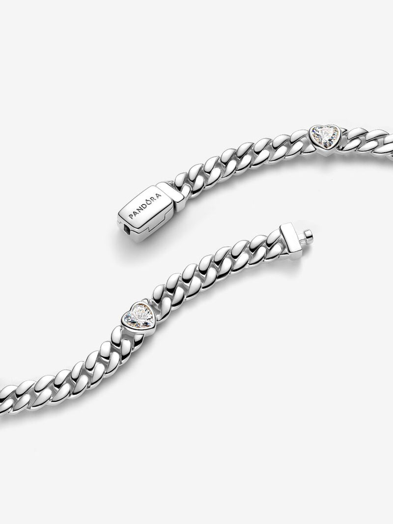 Bracciale Catena Maglia Cubana con Cuori Argento Sterling 925