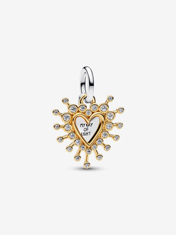 Charm pendente Cuore Luminoso doppio Argento Sterling 925, Placcatura in Oro 14k