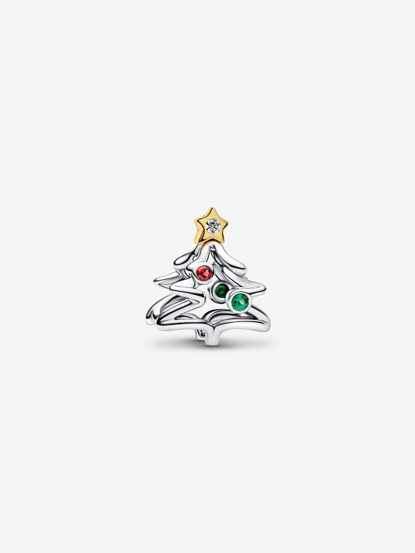 Charm Openwork Albero di Natale Argento Sterling 925, Placcatura in Oro 14k