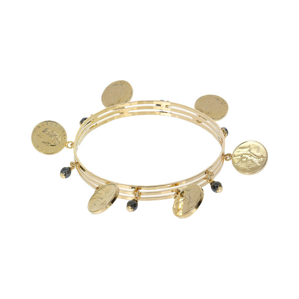 Bracciale Rigido con Pendenti Moneta ed Ematite Grigia