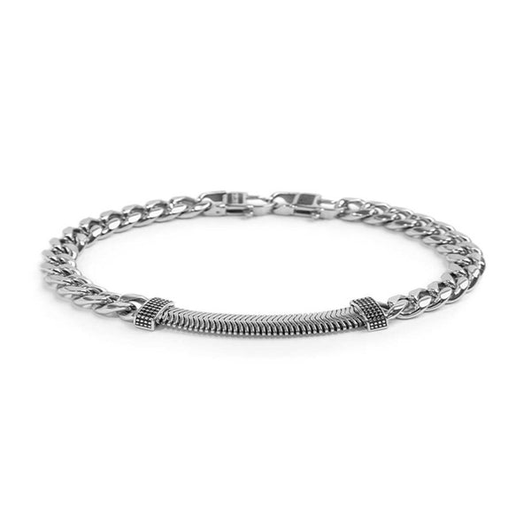 Bracciale catena cuban e catena snake piatta centrale con trama puntinata