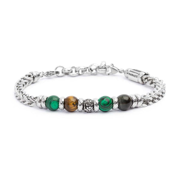 Bracciale catena fishbone con sfere malachite e occhio di tigre - Gioielleria Fondente