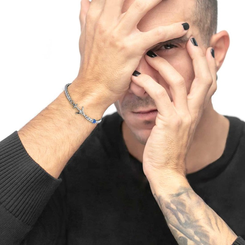 Bracciale con ancora elementi in ematite ed acciaio e rondella sodalite - Gioielleria Fondente