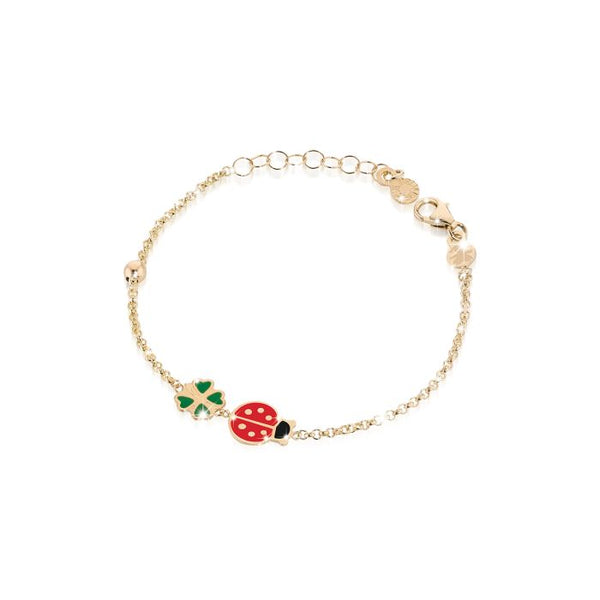 Bracciale fortuna con coccinella e quadrifoglio in oro giallo