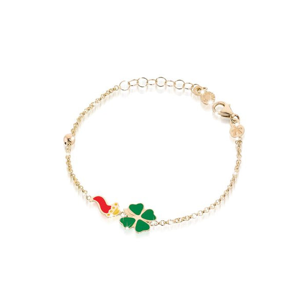 Bracciale fortuna con cornetto e quadrifoglio in oro giallo