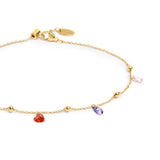 Cavigliera con zirconi baguette e cuori pendenti colorati