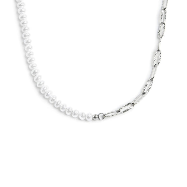 Collana catena figaro e catena con perle bianche irregolari