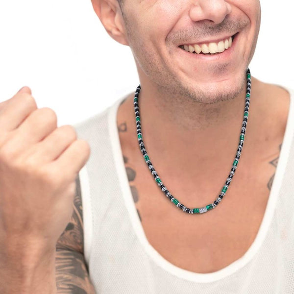 Collana con rondelle in malachite ed onice nera elementi in ematite - Gioielleria Fondente