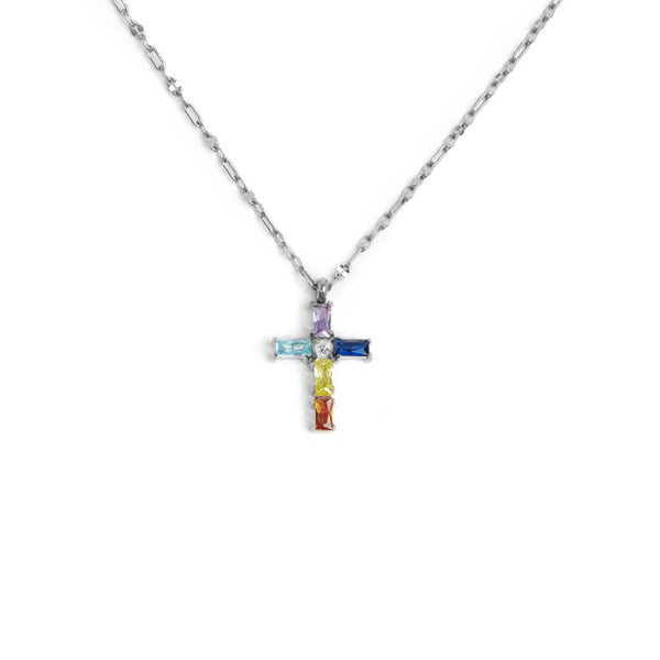 Collana croce pendente con cristalli baguette