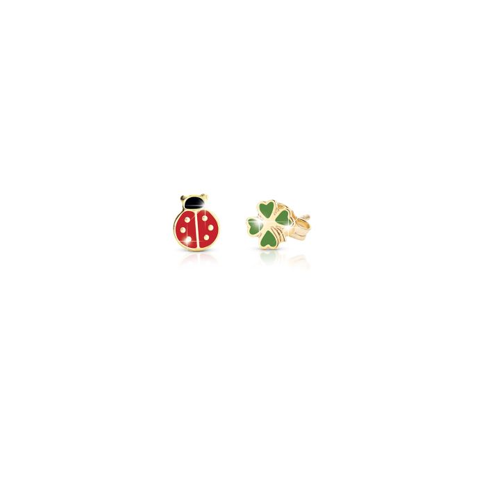 Orecchini fortuna con coccinella o e quadrifoglio in oro giallo