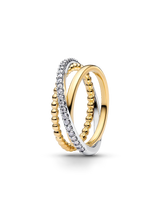Anello Tripla Fascia Intrecciata Sfere e Pavé