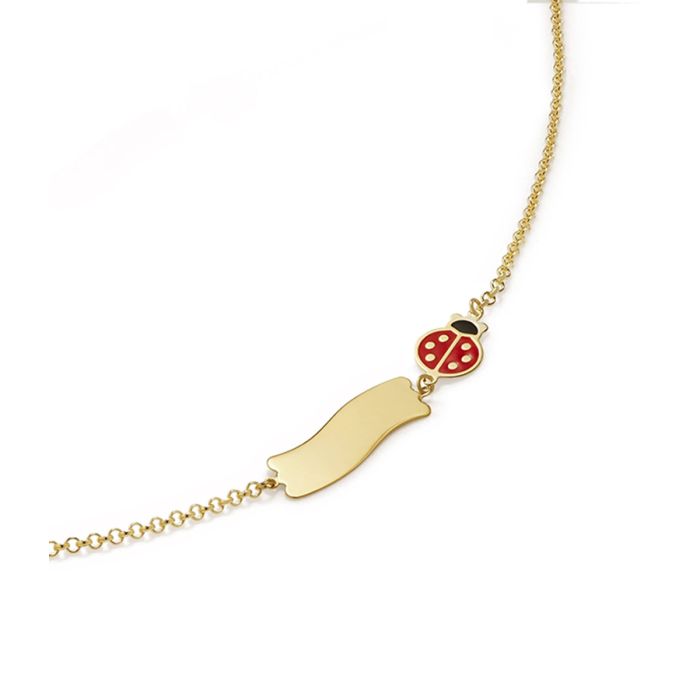 Bracciale fortuna con coccinella e targhetta in oro giallo