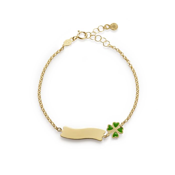 Bracciale fortuna con quadrifoglio e targhetta in oro giallo