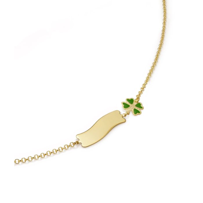 Bracciale fortuna con quadrifoglio e targhetta in oro giallo