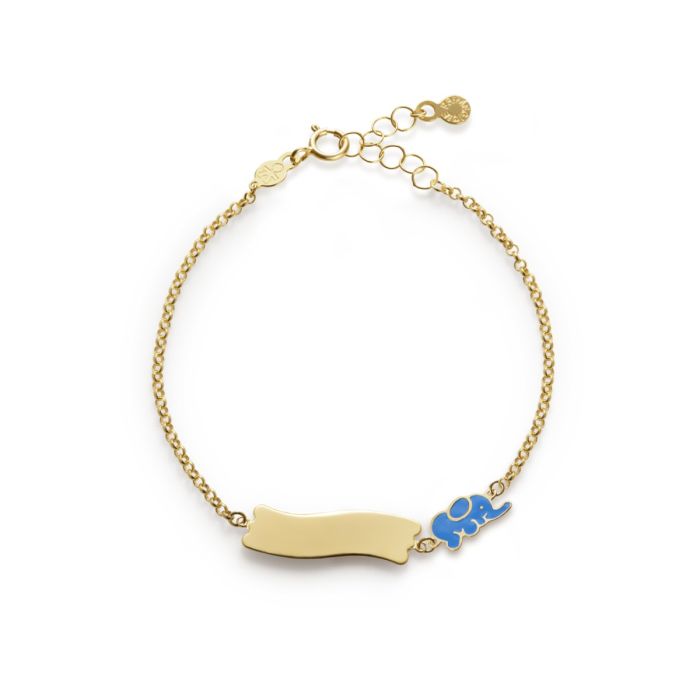 Bracciale fortuna con elefantino e targhetta in oro giallo