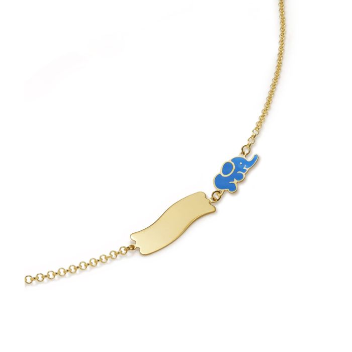 Bracciale fortuna con elefantino e targhetta in oro giallo