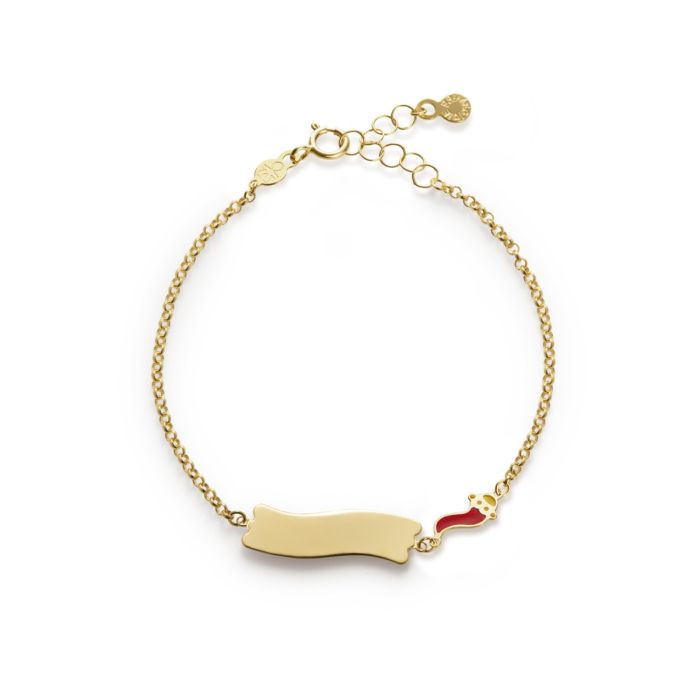 Bracciale fortuna con cornetto e targhetta in oro giallo