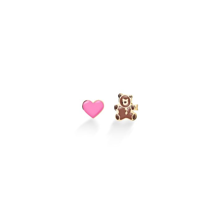 Orecchini toys con cuore e orsetto in oro giallo