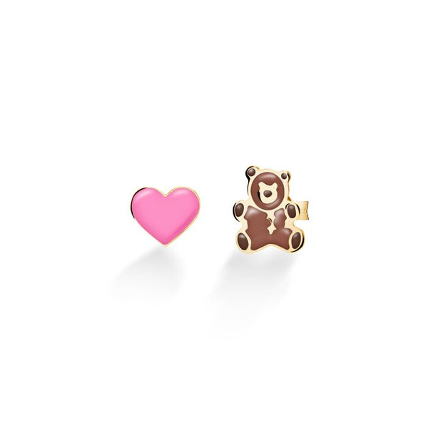 Orecchini toys con cuore e orsetto in oro giallo
