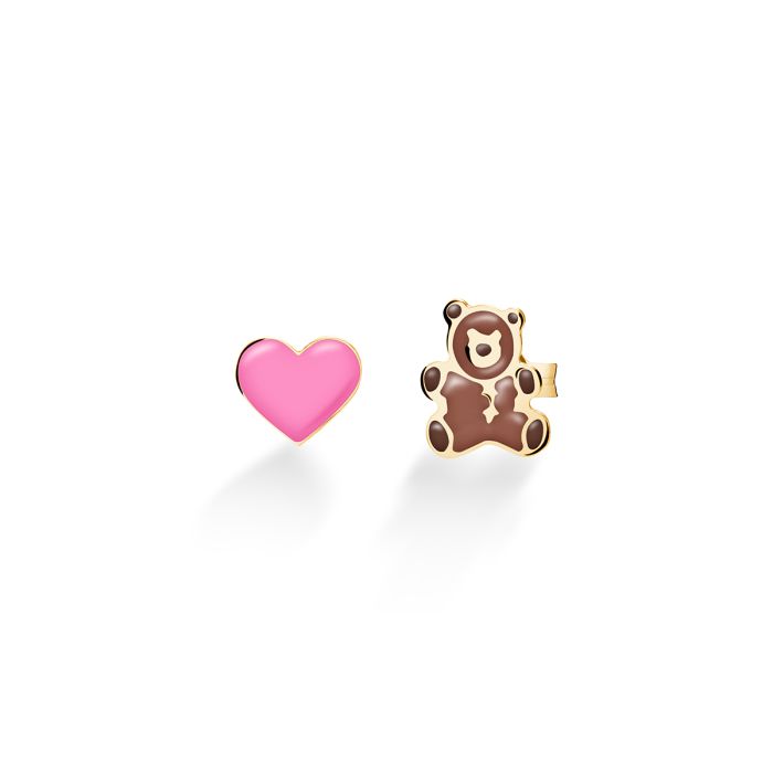 Orecchini toys con cuore e orsetto in oro giallo