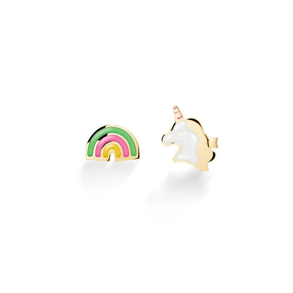 Orecchini toys con unicorno e arcobaleno in oro giallo