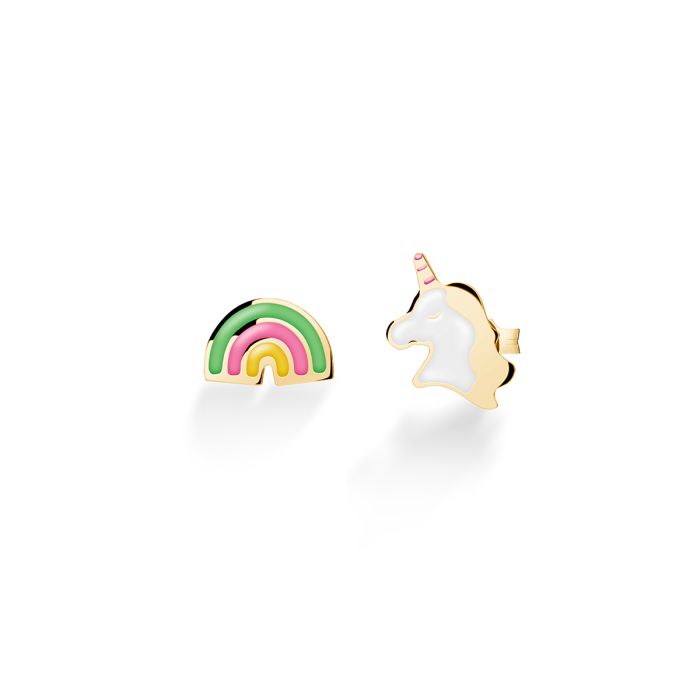 Orecchini toys con unicorno e arcobaleno in oro giallo