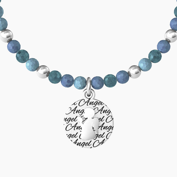 Bracciale elastico con agata azzurra e ciondolo "ANGELO | PROTEZIONE" - Gioielleria Fondente