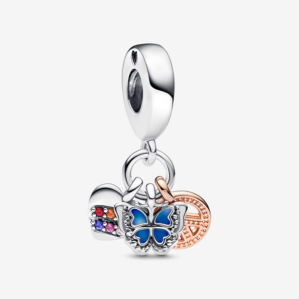 Charm pendente bicolore triplo Cuore Arcobaleno  Farfalla e Pace - Gioielleria Fondente