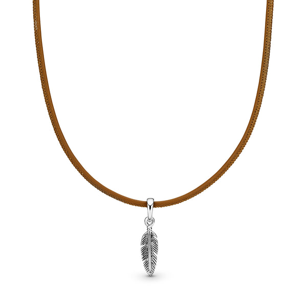 397197cgt Collana choker in pelle marrone con piuma