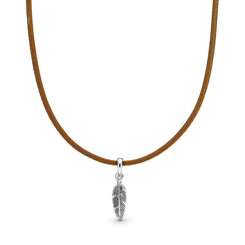 397197cgt Collana choker in pelle marrone con piuma