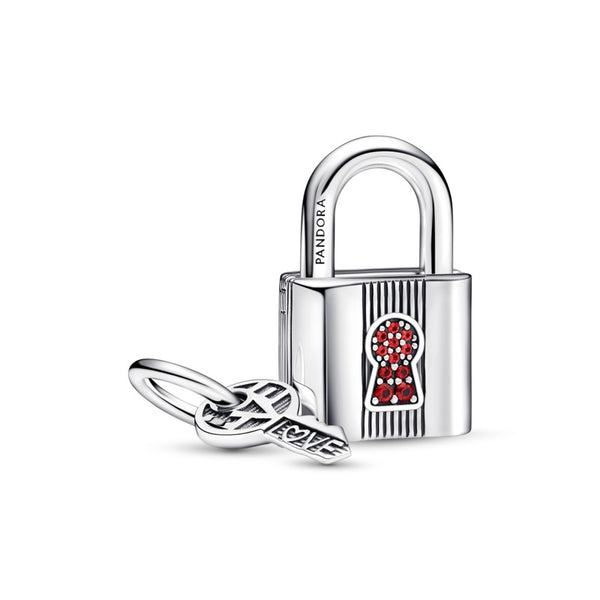 Charm Lucchetto e Chiave¬†dell'Amore con Pietre Rosse - Gioielleria Fondente