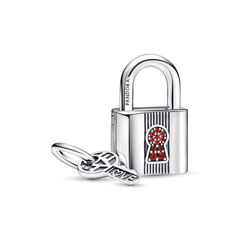 Charm Lucchetto e Chiave¬†dell'Amore con Pietre Rosse - Gioielleria Fondente